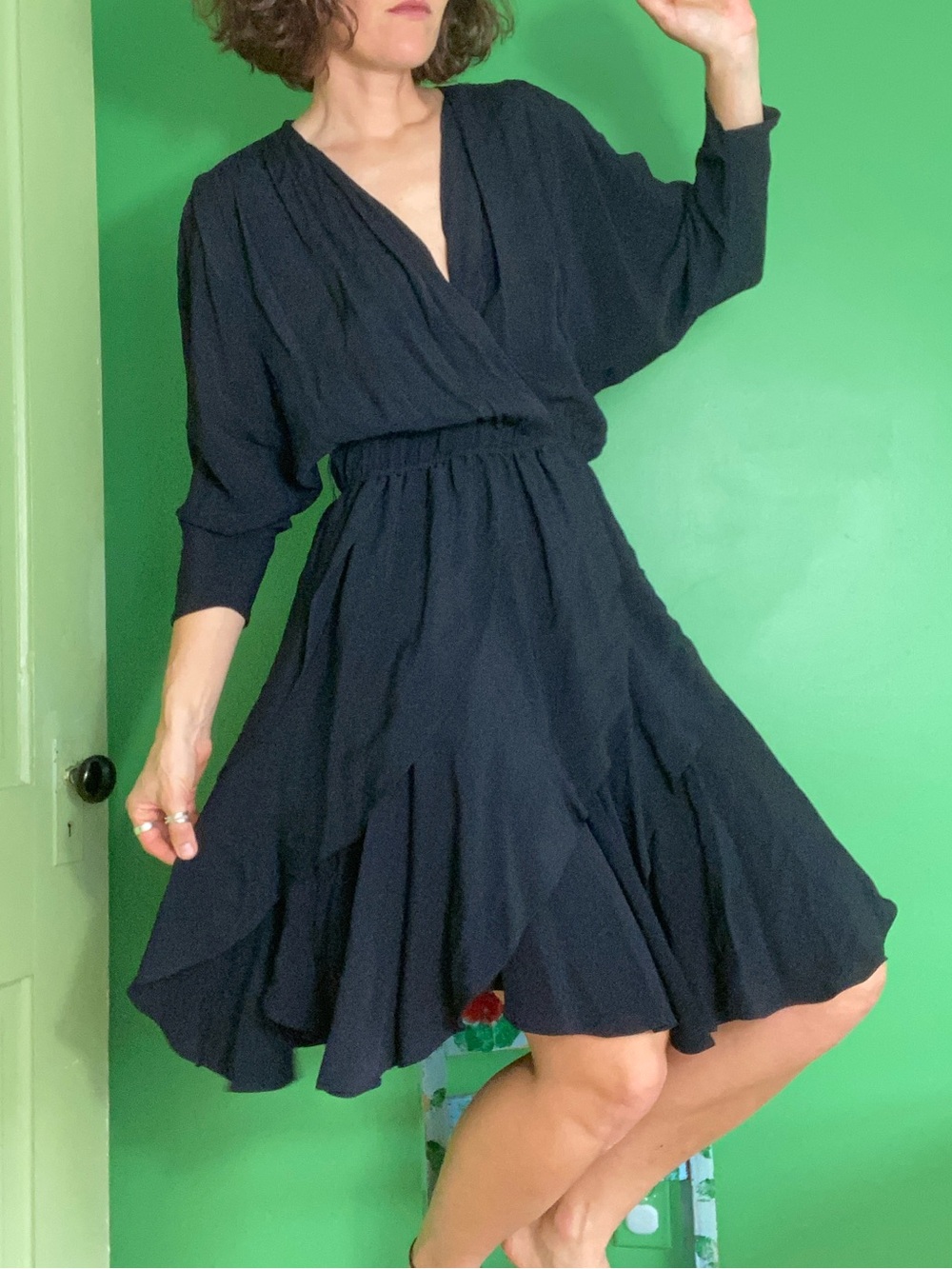 Vintage 90s Cachw Black V-Neck Fit & Flare Dress elastic waist made in USA